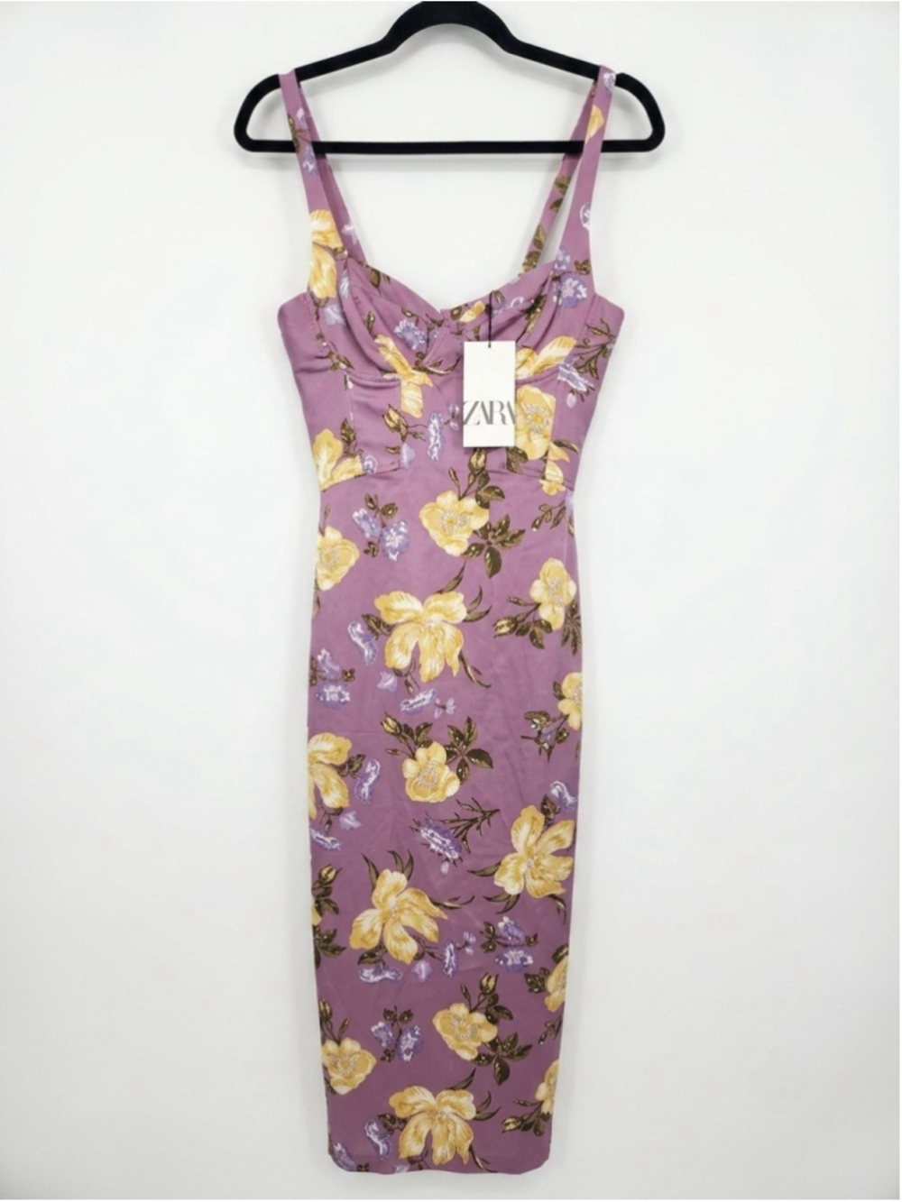Zara Purple Yellow Floral Sweetheart Strappy Sleeveless Midi Sheath Dress S